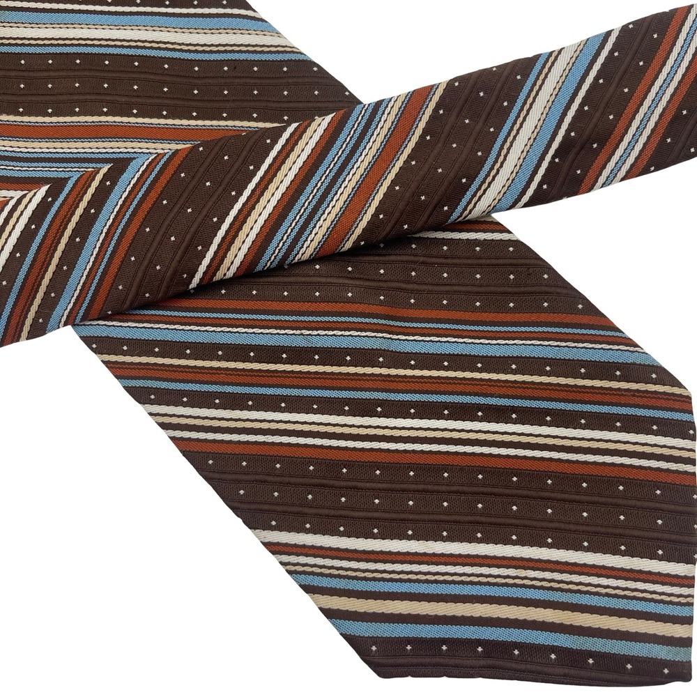 Vintage Pierre‎ Cardin Necktie Tie Mens Brown Striped Polka Dot Silk Blend 70's